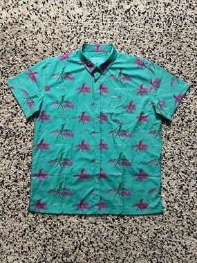 Retro Rifle Saws and Macaws Turquoise Pink Button Down Shirt Short Sleeve XXL
